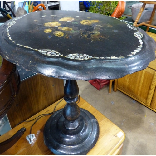 1509A - Victorian tilt top table with mother of pearl inlay, H: 70 cm. Not available for in-house P&P, conta... 