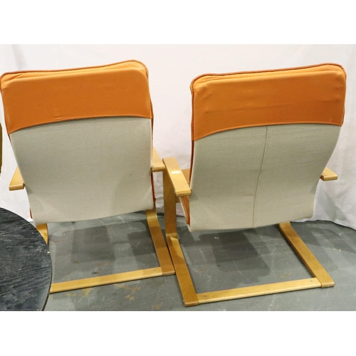 3085 - A pair of modern Scandinavian style lounge chairs with bentwood frames and tan faux leather upholste... 