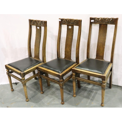 3087 - A set of three Victorian oak dining chairs, each with carved rails and backrests, and later upholste... 