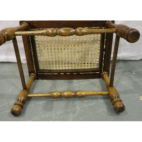 3089 - A 19th century elm framed stool with turned supports and stretchers, and a later canework top. Not a... 