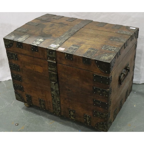 3090 - Mappin Brothers steel-bound oak silver chest with hasp lock, later raised on castors, 80 x 55 x 67 c... 