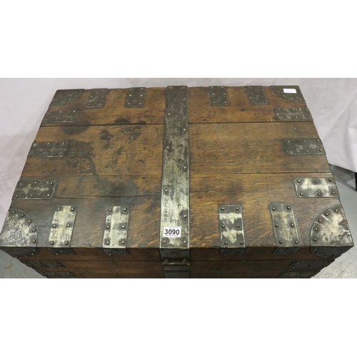 3090 - Mappin Brothers steel-bound oak silver chest with hasp lock, later raised on castors, 80 x 55 x 67 c... 