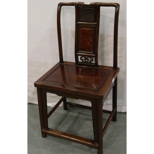 3091 - 19th century Chinese mahogany Elders chair with inlaid burr walnut back panel. Not available for in-... 