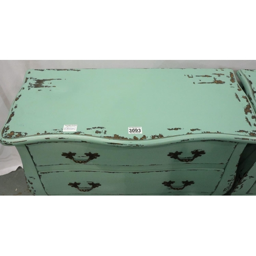 3093 - A pair of contemporary distressed bombe form three-drawer chests, each 78 x 34 x 70 cm H. Not availa... 