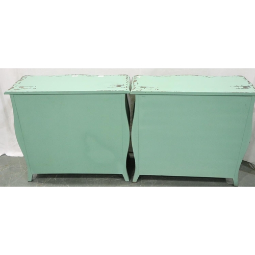 3093 - A pair of contemporary distressed bombe form three-drawer chests, each 78 x 34 x 70 cm H. Not availa... 