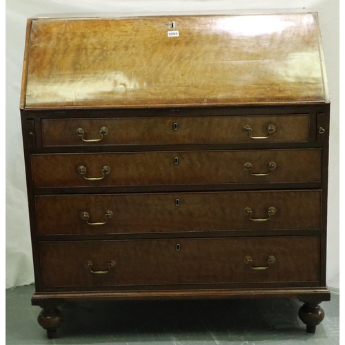 3095 - Mid 20th century walnut bureau, the fitted interior with hidden drawers and compartments above four ... 