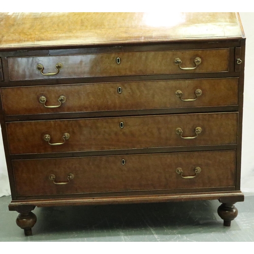 3095 - Mid 20th century walnut bureau, the fitted interior with hidden drawers and compartments above four ... 