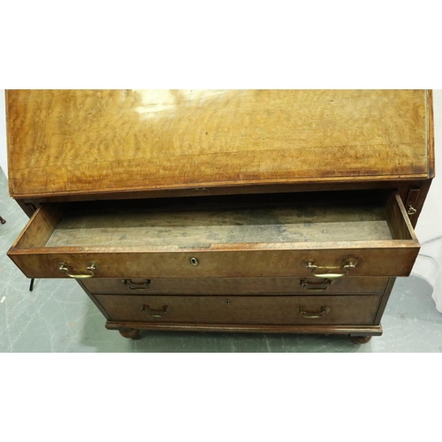 3095 - Mid 20th century walnut bureau, the fitted interior with hidden drawers and compartments above four ... 