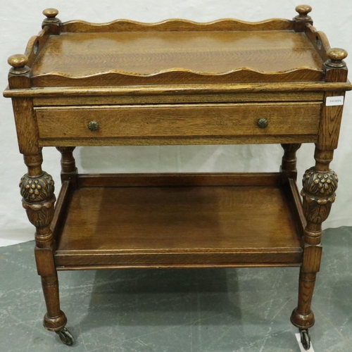 3098 - Late 19th/early 20th century oak trolley with top removing tray, carved bulbous supports and single ... 