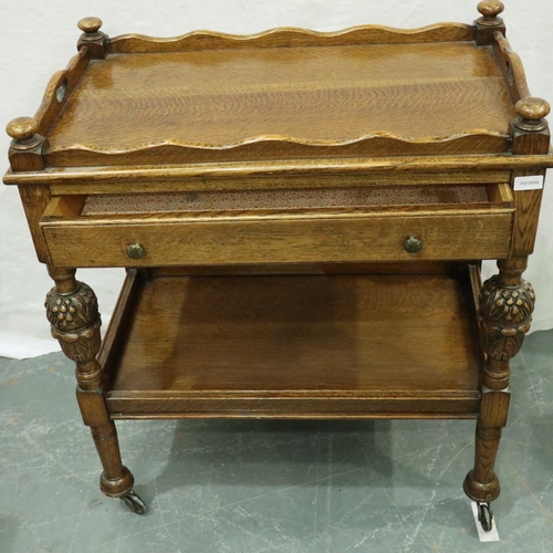 3098 - Late 19th/early 20th century oak trolley with top removing tray, carved bulbous supports and single ... 