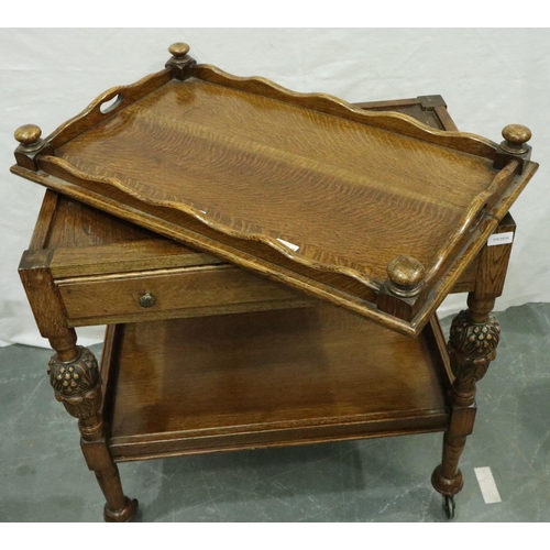 3098 - Late 19th/early 20th century oak trolley with top removing tray, carved bulbous supports and single ... 