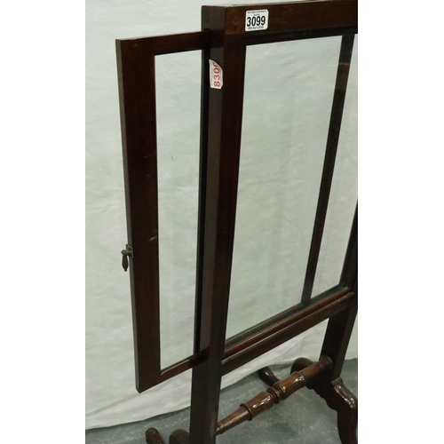 3099 - Walnut twin sided glass screen with turned stretcher, H: 117 cm. Not available for in-house P&P, con... 