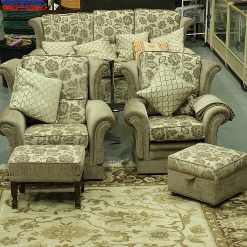 3113 - Modern fabric three piece suite comprising, three seat sofa, two chairs and two footstools (5). Not ... 