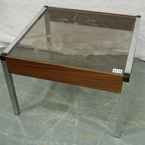 3115 - Mid 20th century chrome framed coffee table in the manner of Howard Miller or Merrow with smoked gla... 