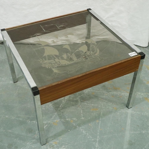 3115 - Mid 20th century chrome framed coffee table in the manner of Howard Miller or Merrow with smoked gla... 