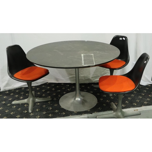 3120 - Maurice Burke for Arkana, a set of three tulip dinning chairs in black with orange upholstered seat ... 