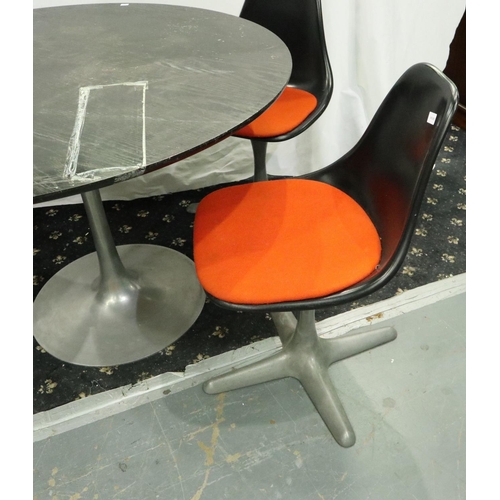 3120 - Maurice Burke for Arkana, a set of three tulip dinning chairs in black with orange upholstered seat ... 