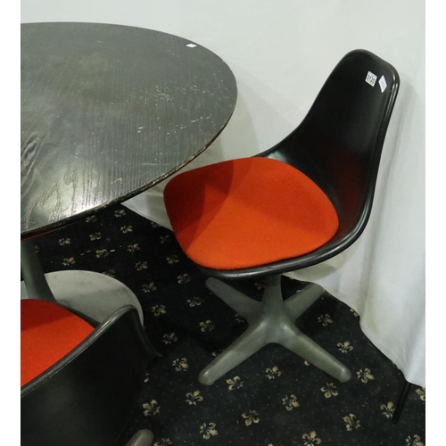 3120 - Maurice Burke for Arkana, a set of three tulip dinning chairs in black with orange upholstered seat ... 