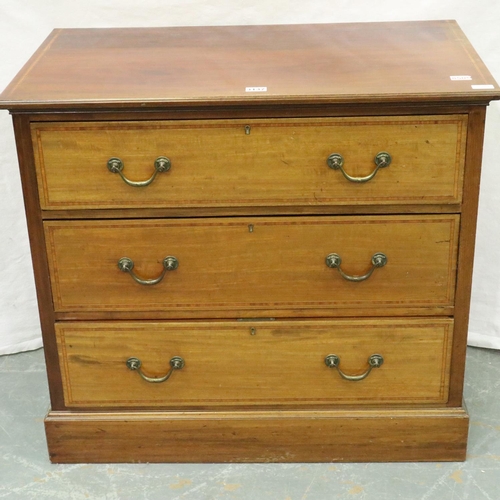 3137 - Edwardian inlaid walnut chest of three long graduated long drawers, 91 x 53 x 54 cm H. Not available... 