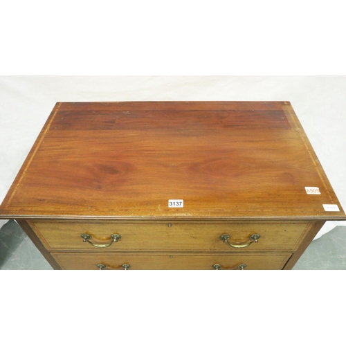 3137 - Edwardian inlaid walnut chest of three long graduated long drawers, 91 x 53 x 54 cm H. Not available... 