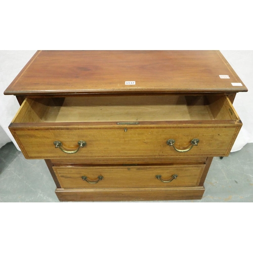 3137 - Edwardian inlaid walnut chest of three long graduated long drawers, 91 x 53 x 54 cm H. Not available... 