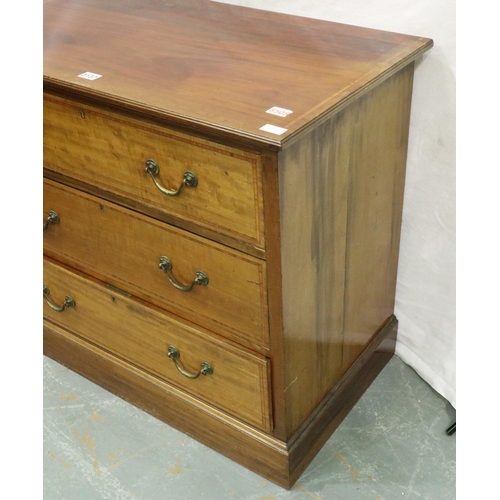 3137 - Edwardian inlaid walnut chest of three long graduated long drawers, 91 x 53 x 54 cm H. Not available... 