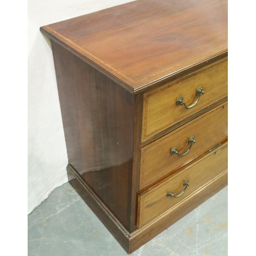 3137 - Edwardian inlaid walnut chest of three long graduated long drawers, 91 x 53 x 54 cm H. Not available... 