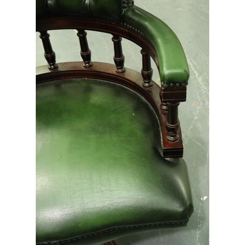 3104 - Mahogany and green leather button back swivel office chair. Not available for in-house P&P, contact ... 