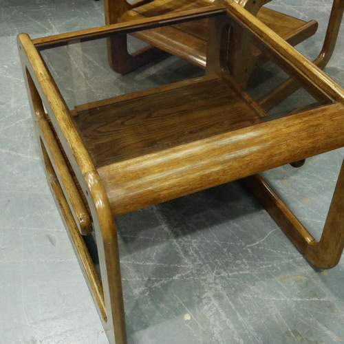 3119 - Lou Hodges (1937-2003) pair of 1970s oak lamp tables in the California design, each with smoked glas... 