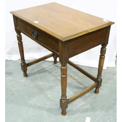 3129 - A late 19th century oak single drawer side table with a bronze Art Nouveau swing handle, 76 x 50 x 7... 