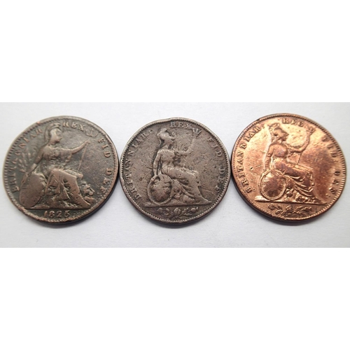 3062 - Three early milled copper farthings. P&P Group 1 (£14+VAT for the first lot and £1+VAT for subsequen... 