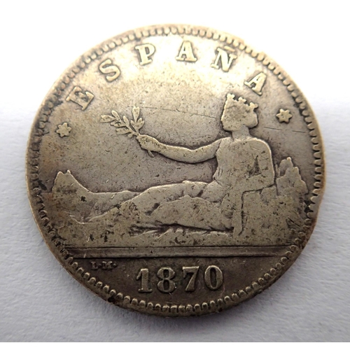 3070 - 1870 Spanish silver peseta. P&P Group 1 (£14+VAT for the first lot and £1+VAT for subsequent lots)