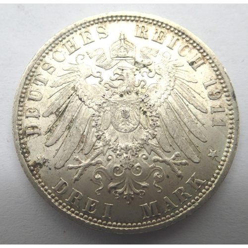 3079 - 1911 Bavarian silver 3 Marks, 90th birthday of Prince Regent Luitpold. P&P Group 1 (£14+VAT for the ... 