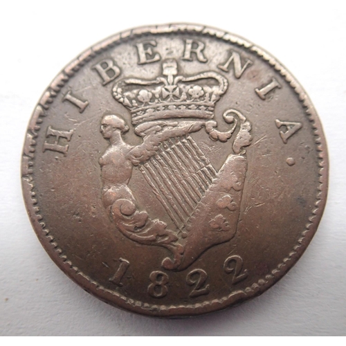 3080 - 1822 copper Hibernia penny of George IV. P&P Group 1 (£14+VAT for the first lot and £1+VAT for subse... 