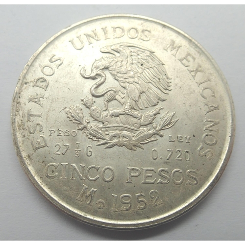 3086 - 1952 Mexican silver 5 pesos of Hidalgo. P&P Group 1 (£14+VAT for the first lot and £1+VAT for subseq... 