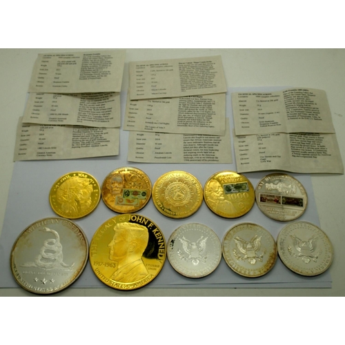 3106 - Collection of American gold and silver plated presidential rounds, some with certificates (10). P&P ... 