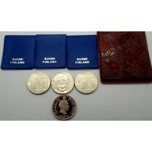 3107 - King of Jordan proof 1.2 dinar and three Finnish silver proof tokens. P&P Group 1 (£14+VAT for the f... 