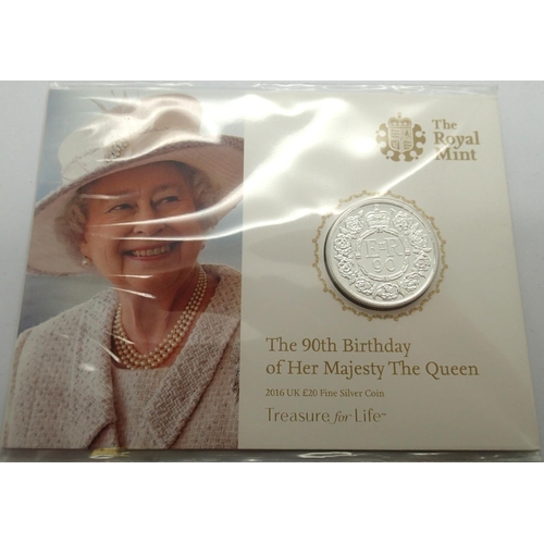 3122 - Silver Bullion: 2016 £20 Silver Bullion, 90th birthday Queen Elizabeth II coin. P&P Group 1 (£14+VAT... 