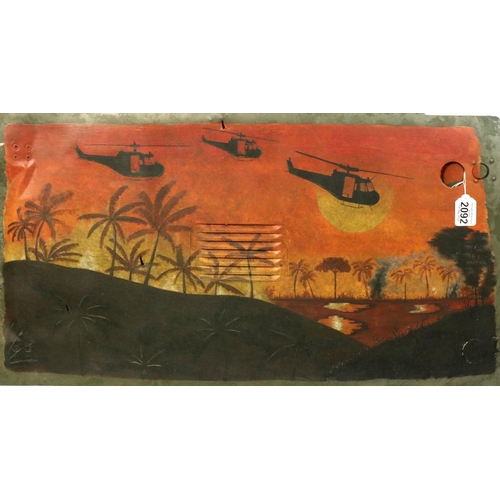 2092 - Vietnam War Bell Huey helicopter panel with Post War memorial painting, 86 x 43 cm. P&P Group 3 (£25... 