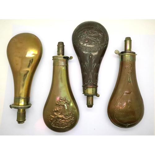 2255 - Four mixed brass/copper antique powder flasks. P&P Group 2 (£18+VAT for the first lot and £3+VAT for... 