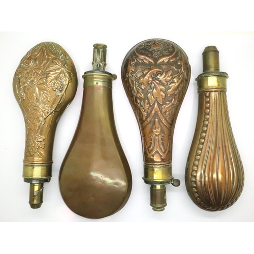 2259 - Four mixed brass/copper antique powder flasks. P&P Group 2 (£18+VAT for the first lot and £3+VAT for... 