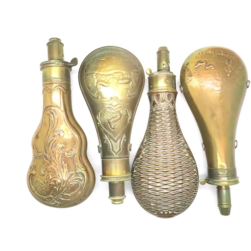 2261 - Four mixed brass/copper antique powder flasks. P&P Group 2 (£18+VAT for the first lot and £3+VAT for... 