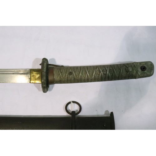 2183 - Japanese WWII NCO sword with metal scabbard, with relief cast grip and steel blade. Two very small d... 