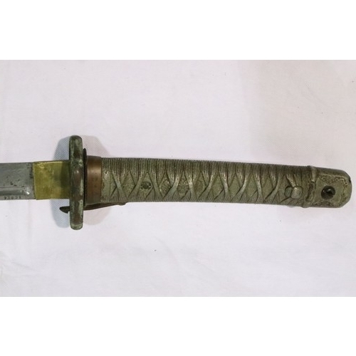 2183 - Japanese WWII NCO sword with metal scabbard, with relief cast grip and steel blade. Two very small d... 