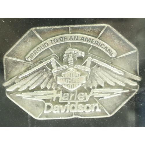 110 - Five white metal Harley Davidson, framed belt buckles. P&P Group 2 (£18+VAT for the first lot and £3... 