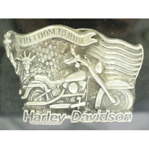 110 - Five white metal Harley Davidson, framed belt buckles. P&P Group 2 (£18+VAT for the first lot and £3... 