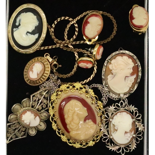 65 - Six cameo set pendants/brooches including silver mounted examples, and a pair of clip on earrings. P... 