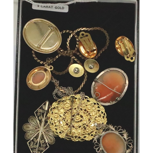 65 - Six cameo set pendants/brooches including silver mounted examples, and a pair of clip on earrings. P... 