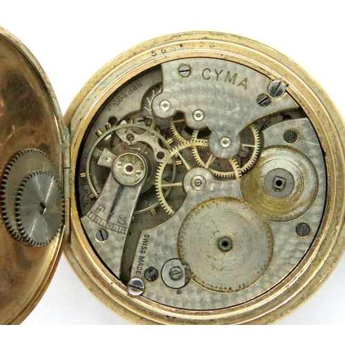 84 - Cyma gold plated hunter pocket watch, lacking glass, not working, requires attention. P&P Group 1 (£... 