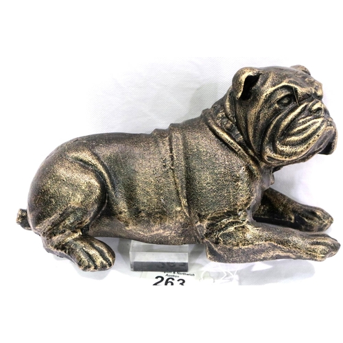 263 - Bronzed cast iron recumbent bulldog, L: 25 cm. P&P Group 3 (£25+VAT for the first lot and £5+VAT for... 